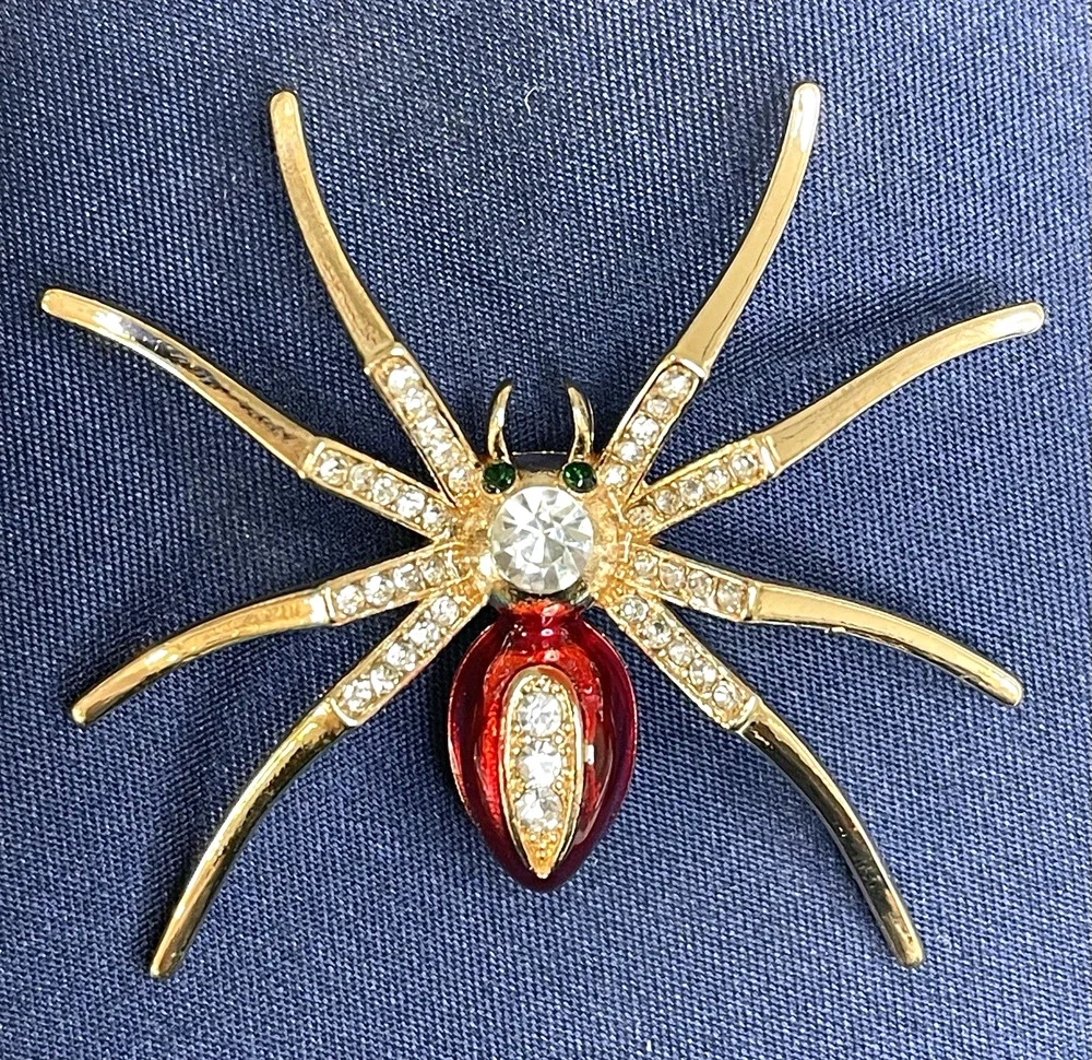 NWOT Red Enamel Spider Insect Brooch Pin Gold Tone Rhinestone Costume Jewelry - Picture 1 of 3
